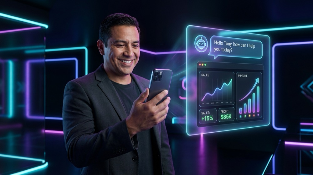 Business owner viewing his AI assistant on his phone with sales and pipeline updates