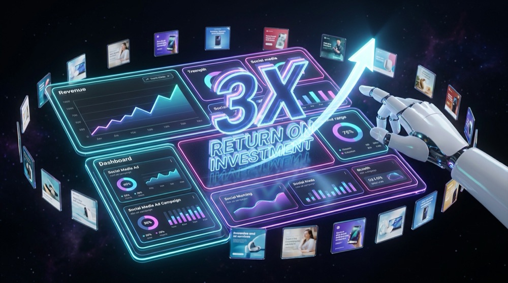 AI-managed marketing dashboard showing 3X return on ad spend